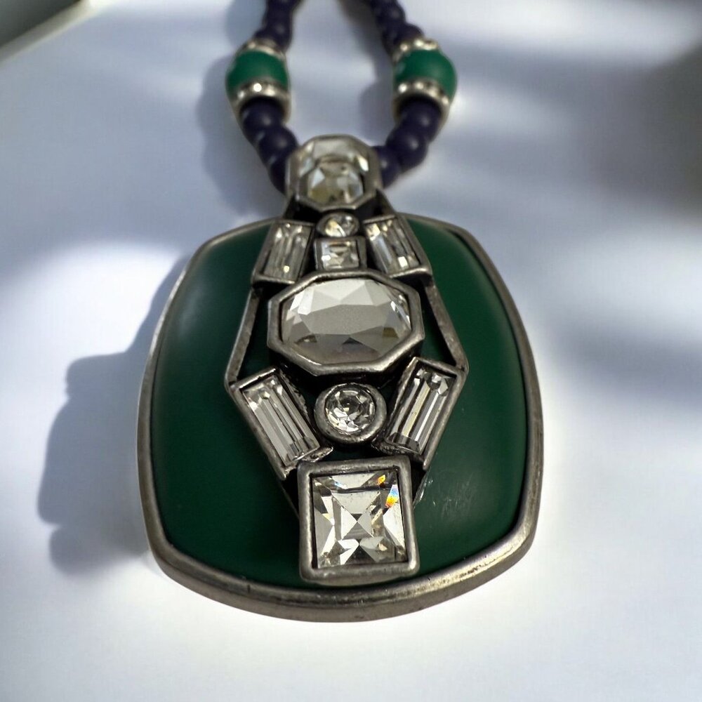 Lia Sophia Retired Art Deco Inspired Necklace Green Crystal Pendant Beaded - Picture 4 of 11